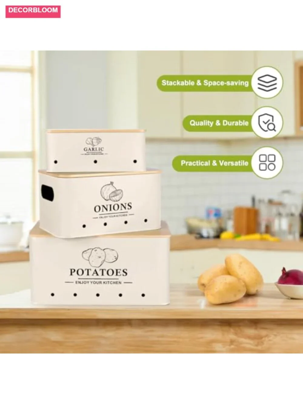 3-Piece Metal Vegetable Storage Set with Bamboo Lids, Aeration Holes, Kitchen